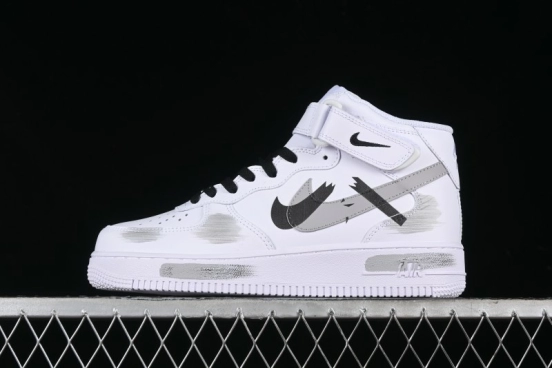 Nike Air Force 1 '07 Mid Casual Sneakers in White/Grey/Black with Hand-Painted Cracked Swoosh Shadow Detail - CW2289-111