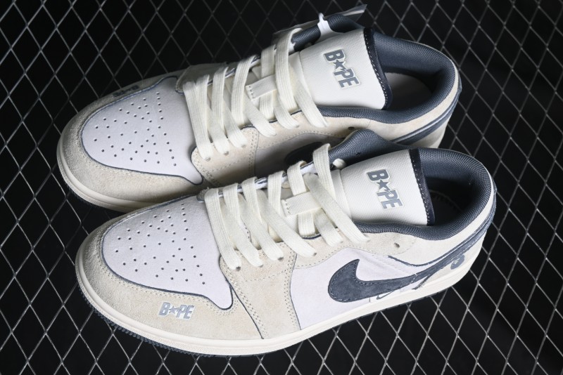 Nike Air Jordan 1 Low AJ1 Bape Collaboration - Custom High-End Retro Basketball Shoes with Light Grey Check - DM9188-008