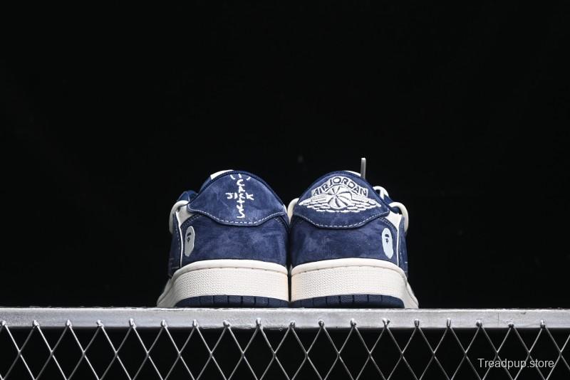 Nike Travis Scott x Fragment Design x Air Jordan 1 Low OG SP AJ1 Bape Collaboration - Klein Blue Lace-Up Low-Top Casual Sneakers - XS3186-201