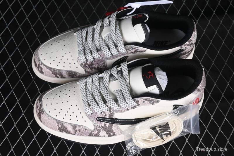 Nike Travis Scott x Fragment Design x Air Jordan 1 Low OG SP AJ1 Snake Year Limited Grey White Snake Scale Low-top Casual Sneakers - XX3318-518