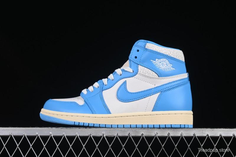 Nike Air Jordan 1 High OG "UNC Reimagined" Retro Basketball Shoes with Cracked Leather and Vintage Midsole - DZ5485-402