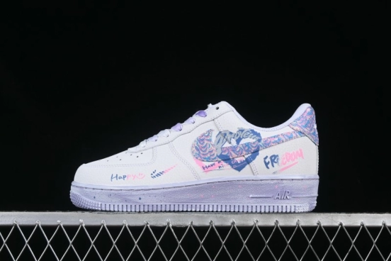 Nike Air Force 1 '07 Low Double Hearts Casual Sneakers with Hand-Drawn Anime Doodle and Pink Blue Hearts - CZ0377-002