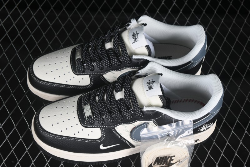 Nike Air Force 1 '07 Low Stussy Collaboration Grey Blue Black Leather Low-Top Casual Sneakers - XZ6188-199
