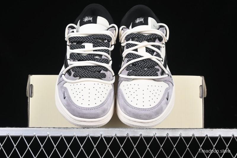 Nike Travis Scott x Fragment Design x Air Jordan 1 Low OG SP AJ1 Stussy Collaboration - Black Hook Dual-Tone Drawstring Low-Top Casual Sneakers - SJ0086-139