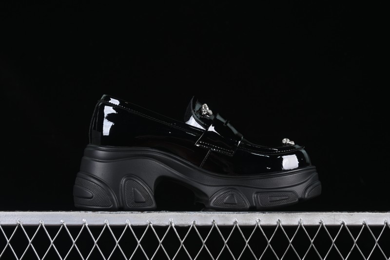 Black Patent Chunky Platform Loafers with Metal Embellishments