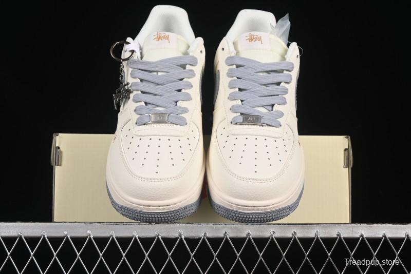 Nike Air Force 1 '07 Low Stussy Collaboration Gold Embroidery Grey Swoosh Casual Sneakers - XX3168-150
