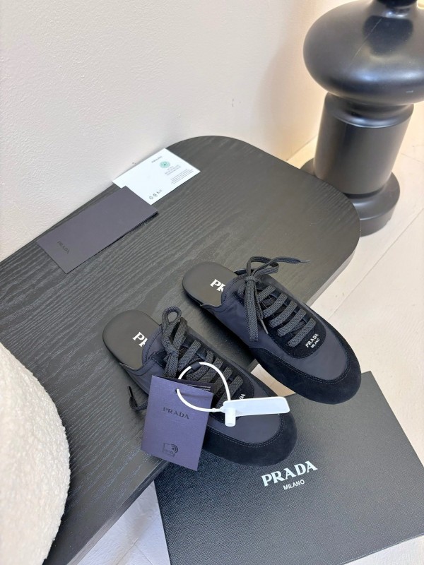2025 Women Prada Black Suede Nylon Casual Lace-up Shoes