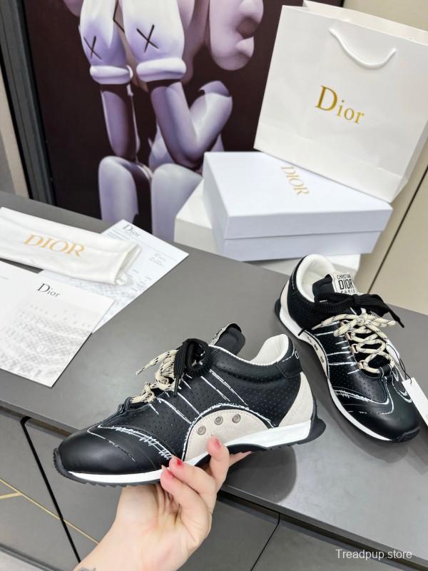 2025 Women Dior Black White Leather Sneakers Handwritten Logo KFY00290