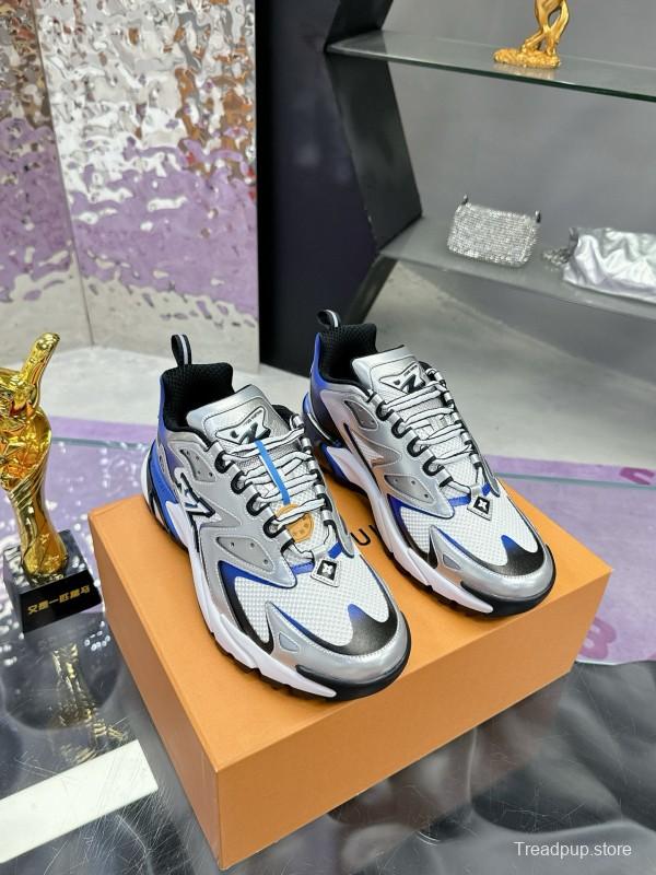 2025 Men Louis Vuitton White Blue Leather Mesh Sneakers MJ00420