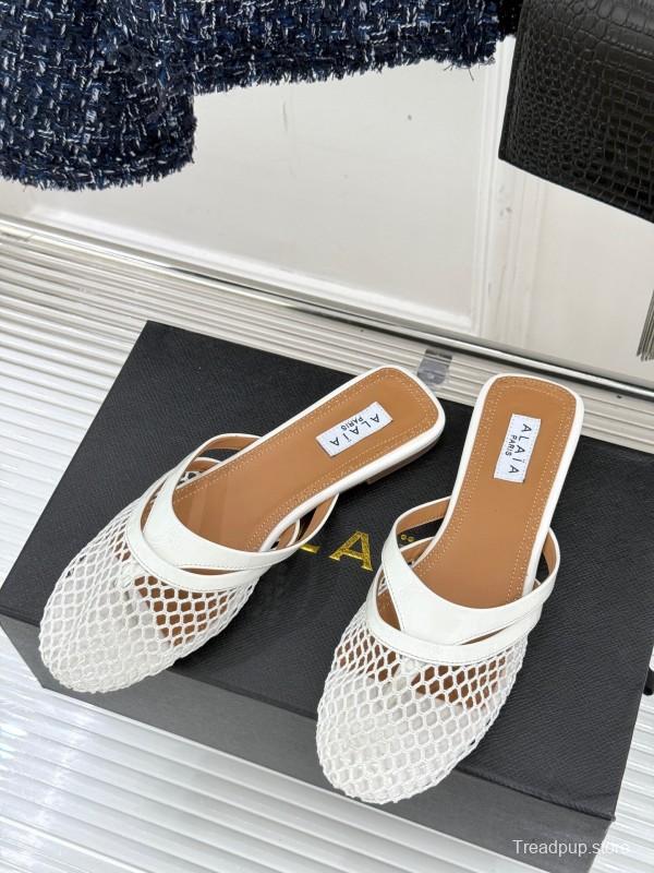 2025 Slippers AlAIA White Leather Mesh Flat Shoes