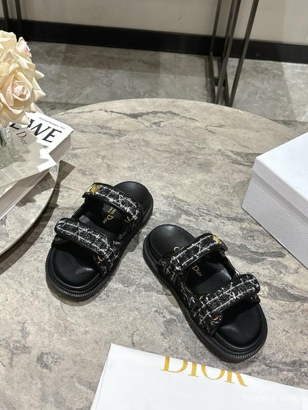 2025 Women Dior Black White Fabric Leather Sandals KFY00300