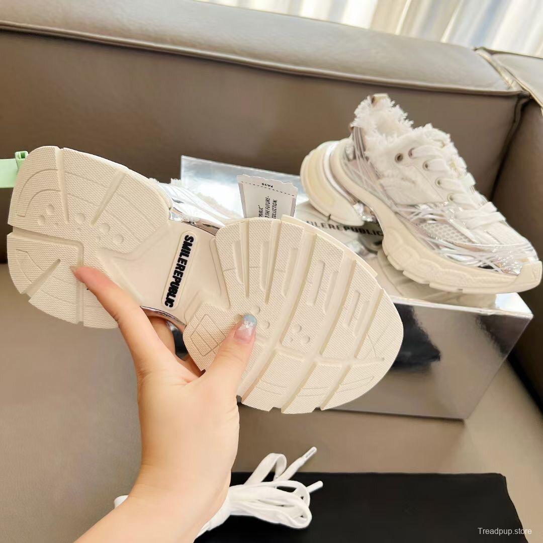 2025 Unisex Smilerepublic White Silver Mesh Leather Fur Sneakers