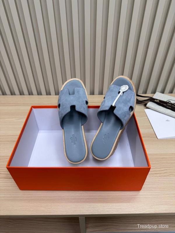 2025 Women Hermès Blue Suede Slippers