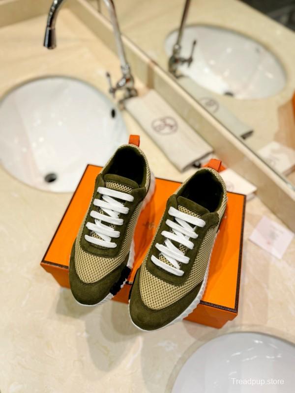 2024 Unisex Hermès Khaki Beige Suede Mesh Sneakers MJ00320