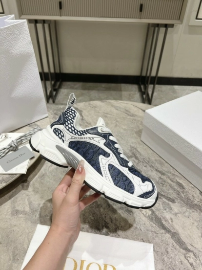 2025 Women Dior Navy White Mesh Leather Sneakers KFY00370