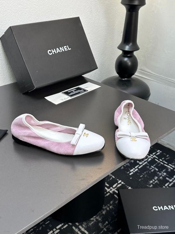 2025 Women CHANEL White Purple Leather Bow Ballet Flats Unisex LY00360(F)