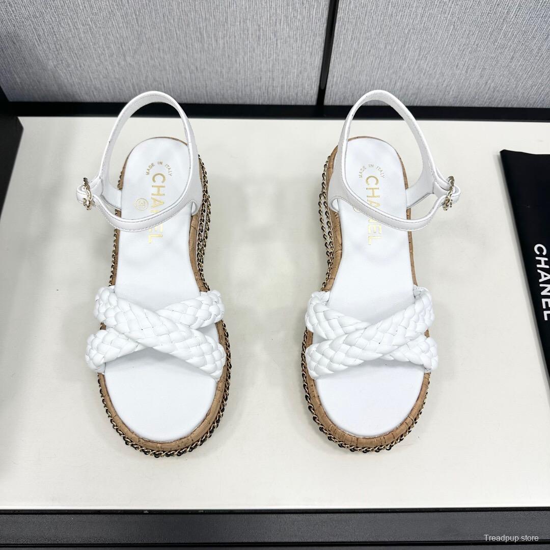 2025 Women Chanel White Leather Wedge Sandals