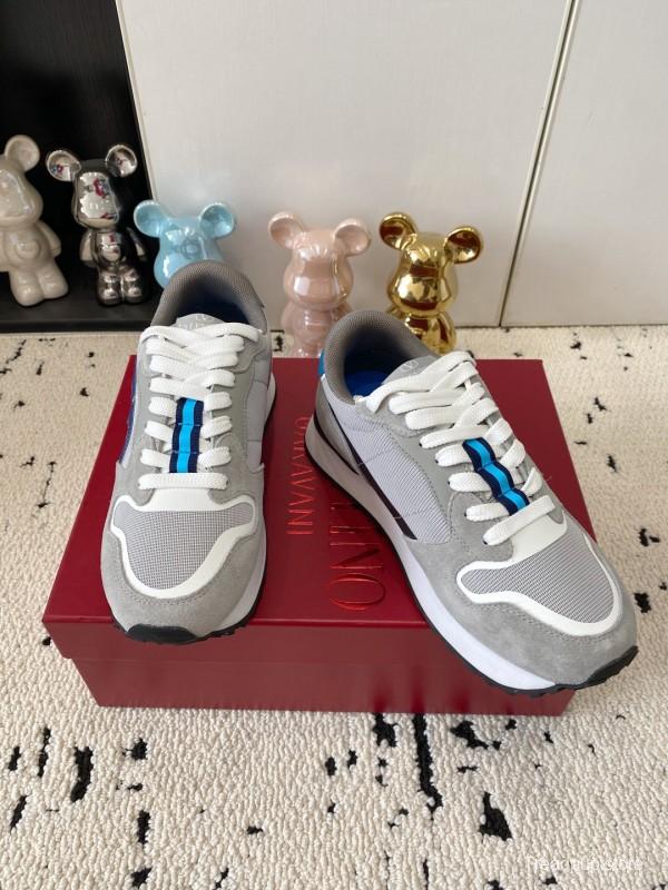 2025 Unisex Valentino Grey Blue White Leather Silk Glossy Running Sneakers LY00340