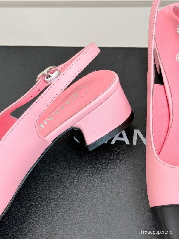 2025 Women Chanel Pink Black Leather Slingback Low Heel KFY00280