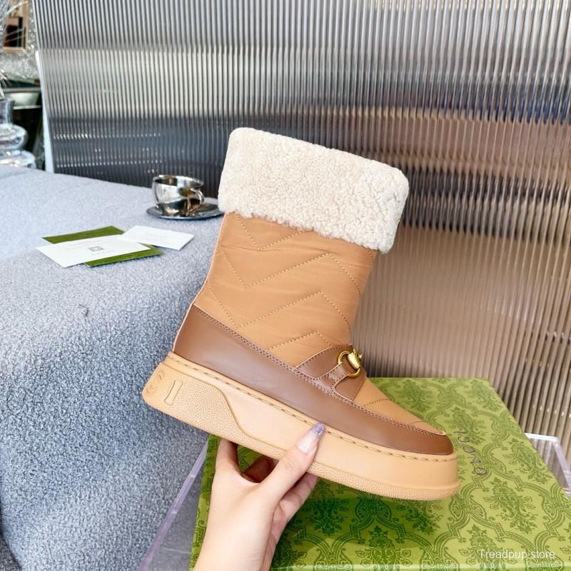 2024 Women Gucci Brown Tan Leather Shearling Lined Snow Boots MJ00420