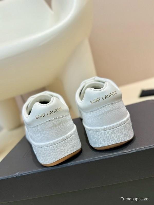 2024 Unisex Yves Saint Laurent White Silk Leather Sneakers Gold Hole Punch MJ00350