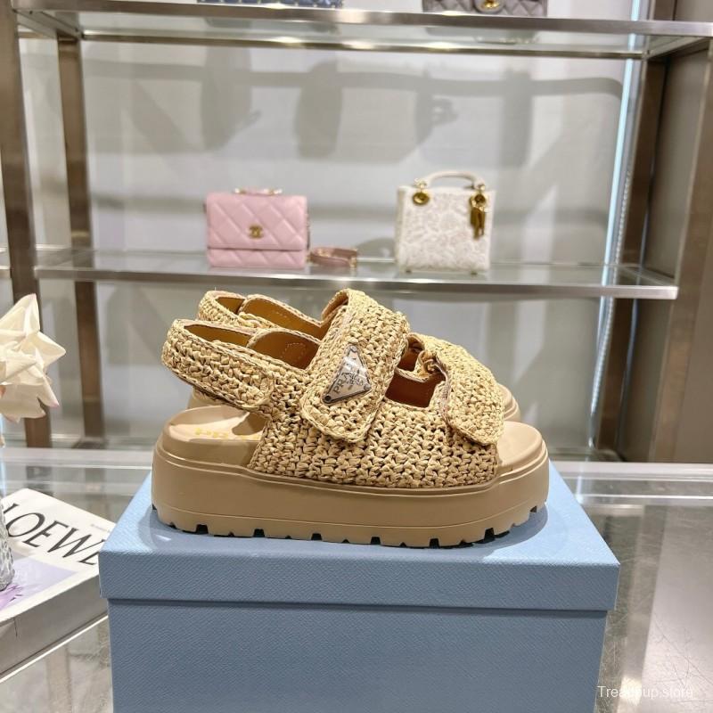 2025 Women Prada Beige Woven Leather Platform Sandals