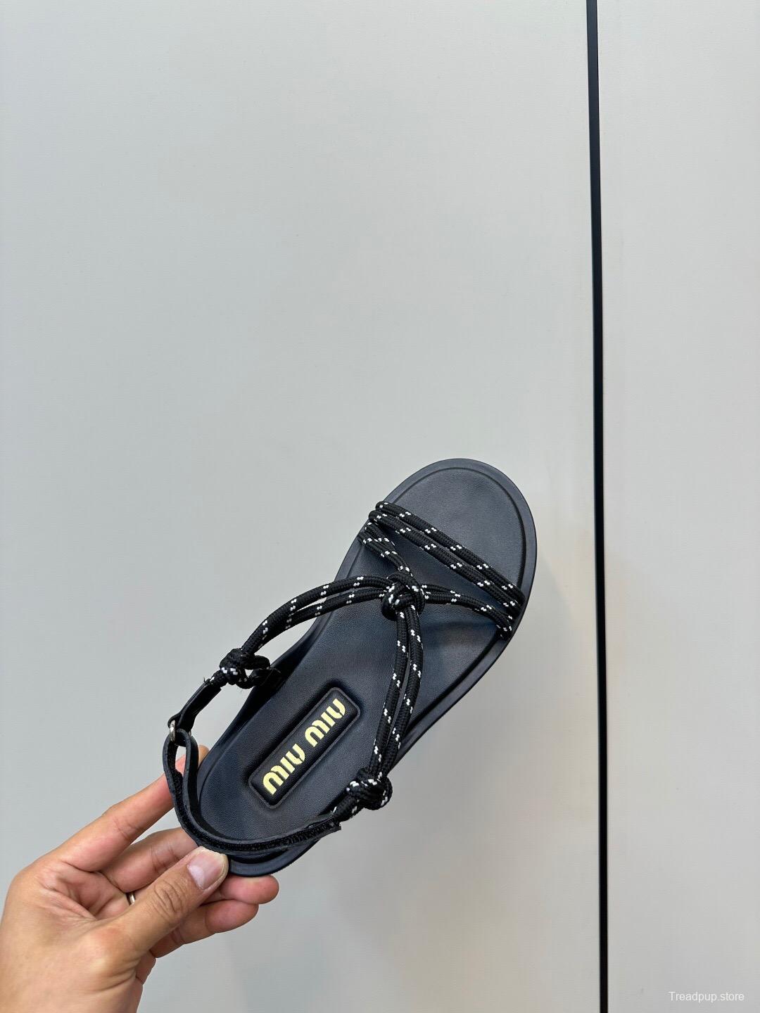 2025 Women Miu Miu Black Leather Rope Sandals