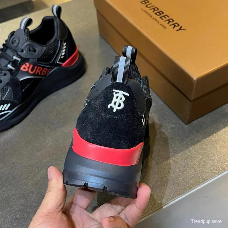 2025 Unisex Burberry Black Red Mesh Suede Leather Sneakers