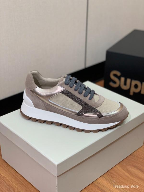 2025 Unisex Brunello Cucinelli Beige Grey Suede Mesh Sneakers LY