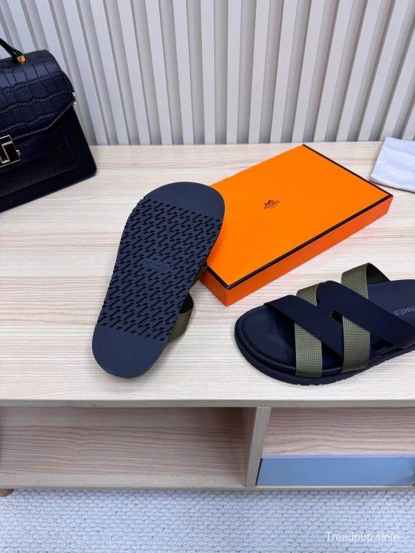 2025 Men Hermès Black Green Fabric Leather Slippers