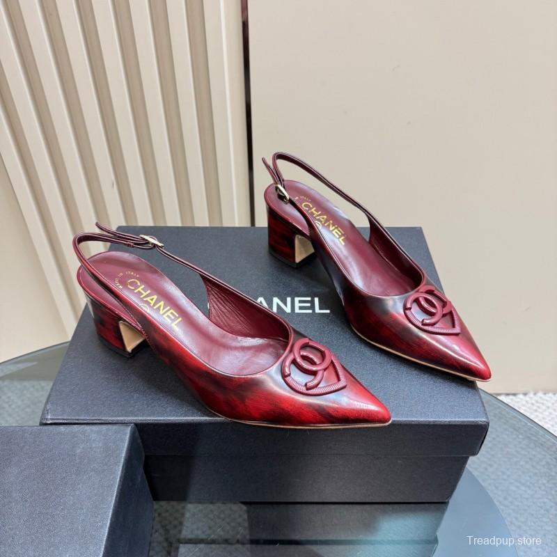 2025 Women Chanel Burgundy Leather Slingback Heels KFY00290