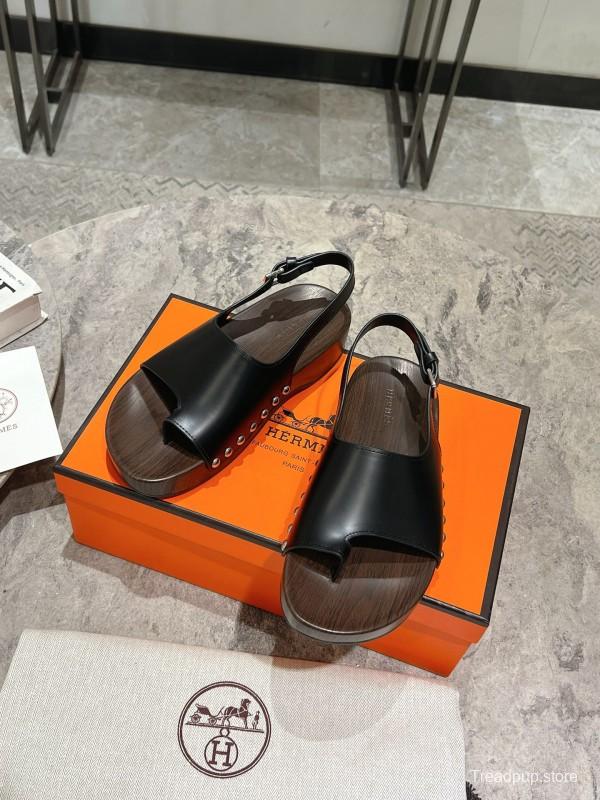 2025 Women Hermès Black Leather Sandals
