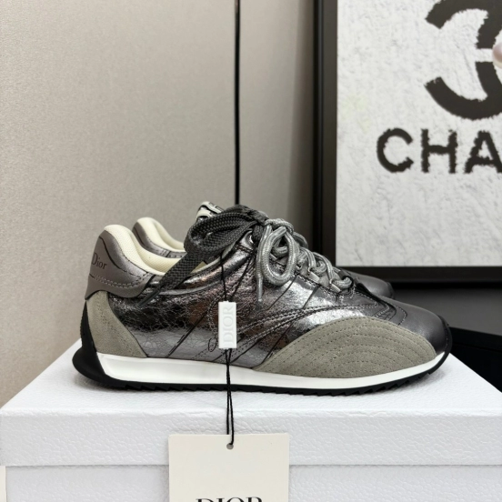 2025 Women Dior Black Grey Leather Mesh Sneakers LY00300