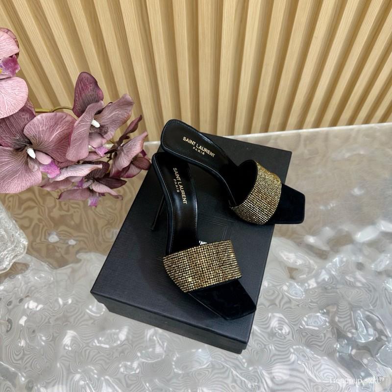 2025 Women Yves Saint Laurent Black Gold Rhinestone Leather High Heel Sandals MJ00300