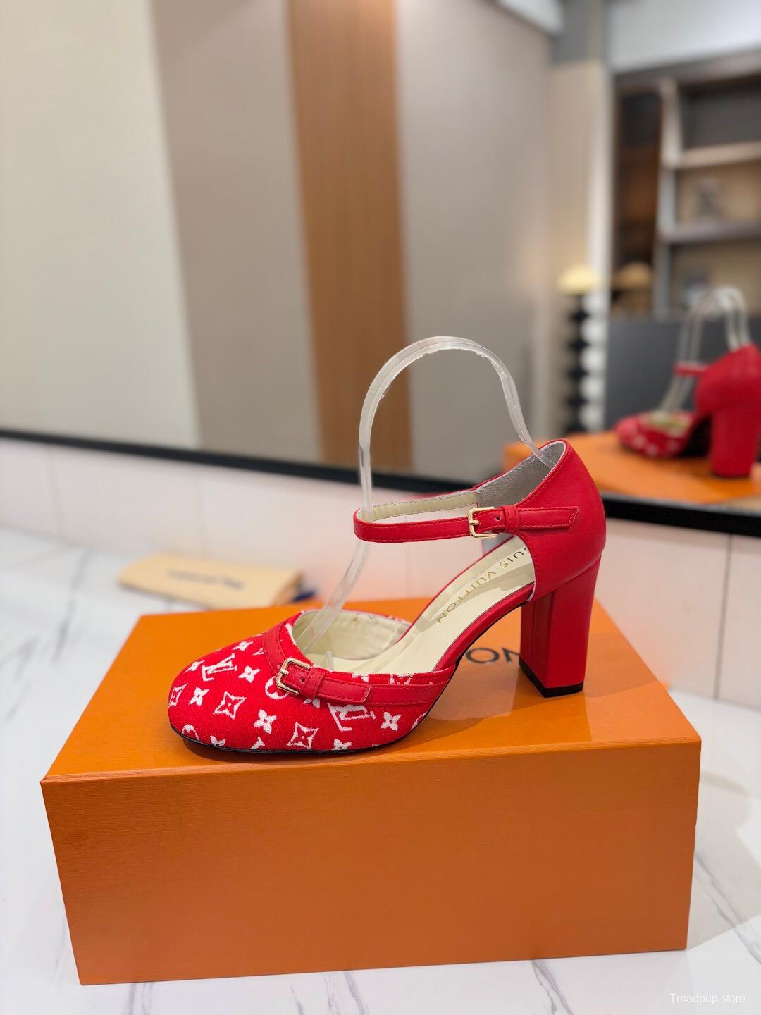 2025 Women Louis Vuitton Red Canvas Leather Heels KFY00310
