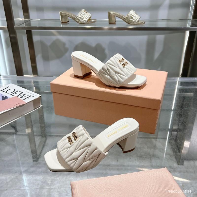 2025 Women Miu Miu White Sheepskin Sandals Embroidered KFY00250
