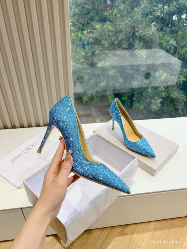 2025 Women Jimmy Choo Blue Glitter Leather Pumps