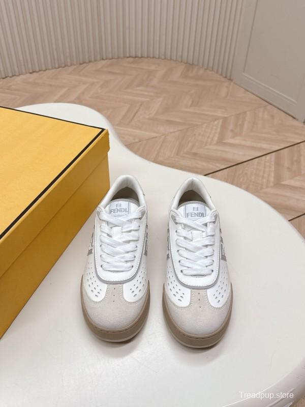 2025 Unisex Fendi White Beige Leather Plimsolls FF Logo LY00350(F)/LY00360(M)