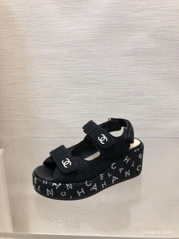 2025 Women Chanel Black Fabric Platform Sandals LY00330