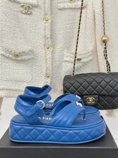 2025 Women Chanel Blue Leather Platform Sandals