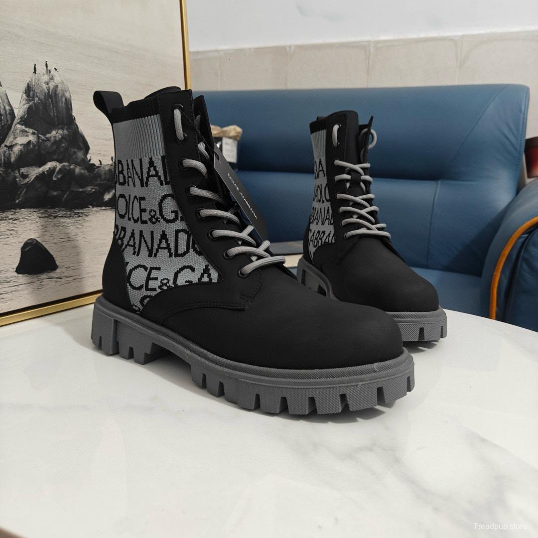 2024 Unisex Dolce & Gabbana Black Light Grey Fabric Leather Boots