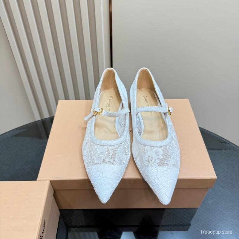 2025 Women Gianvito Rossi White Lace Leather Low Heel Ballerina KFY00260