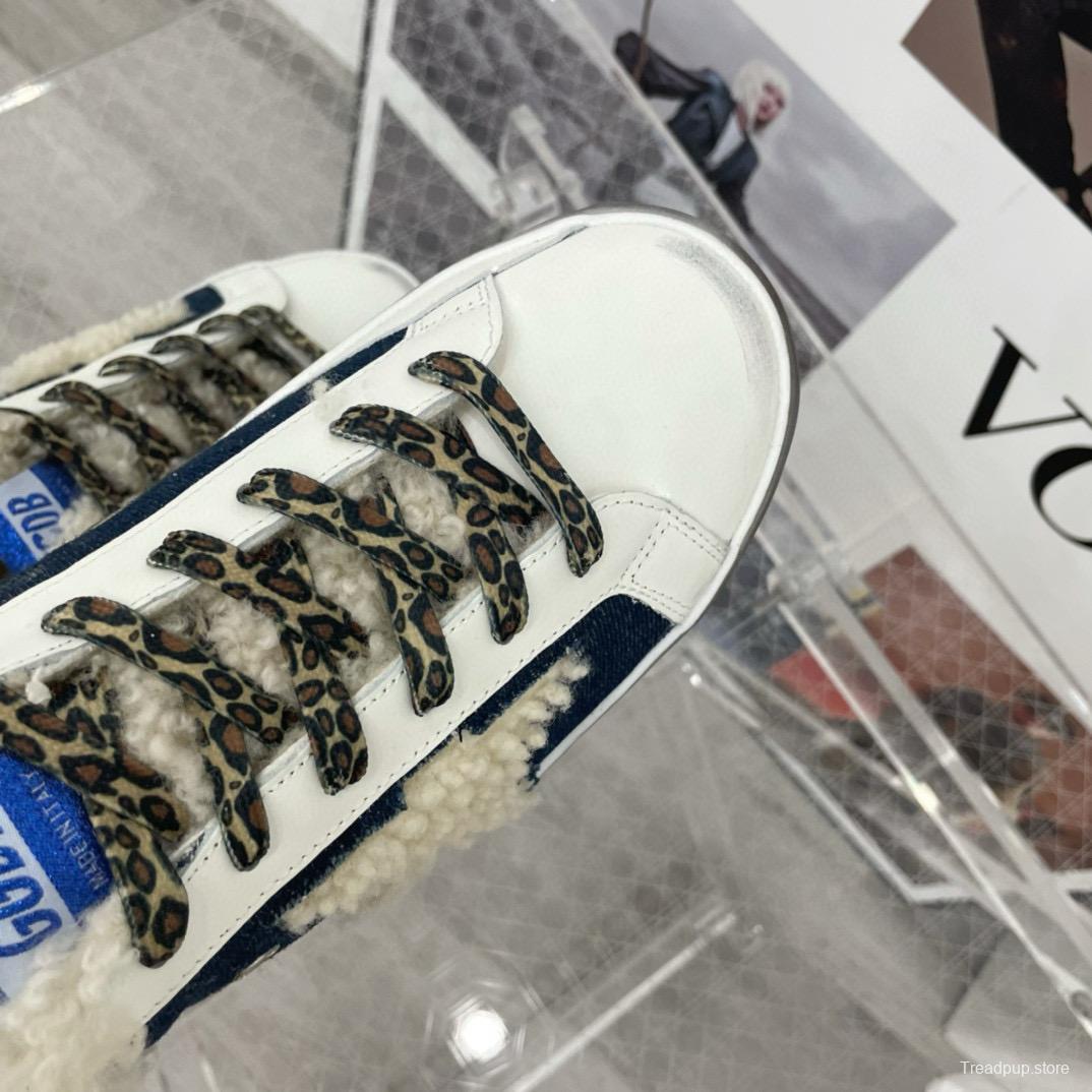 2025 Women GGDB White Navy Blue Leather Shearling Sneakers