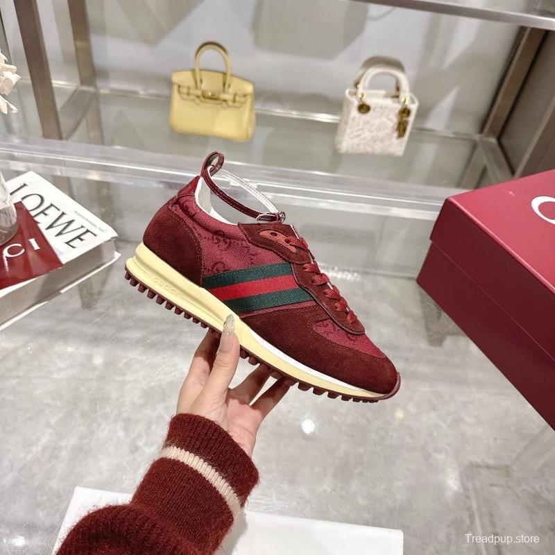 2025 Women Gucci Burgundy Red Suede Fabric Sneakers LY00340