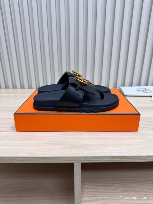 2025 Women Hermès Black Leather Slippers