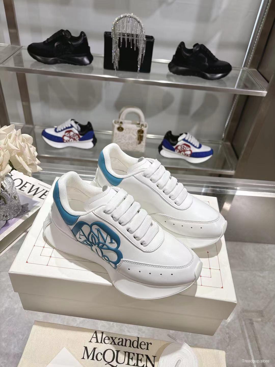 2025 Women Alexander McQueen White Blue Leather Sneakers LY00340