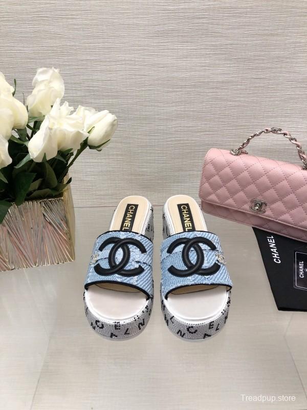 2025 Women Chanel Blue Denim Canvas Slippers LY00320