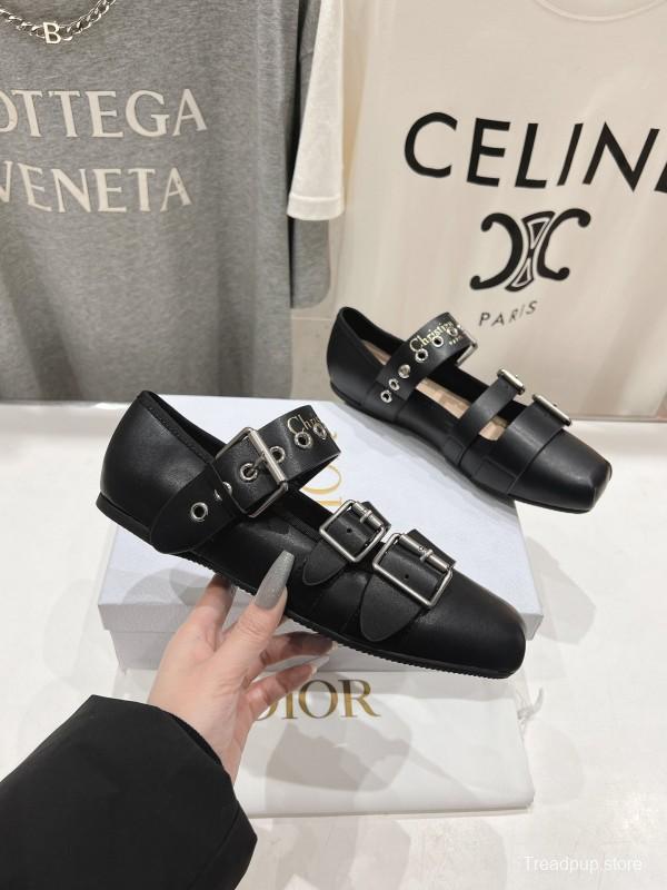 2025 Women Dior Black Leather Mary Jane Buckle KFY00300