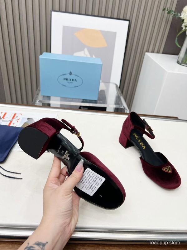 2025 Women Prada Burgundy Velvet Mary Jane Heel LY00270