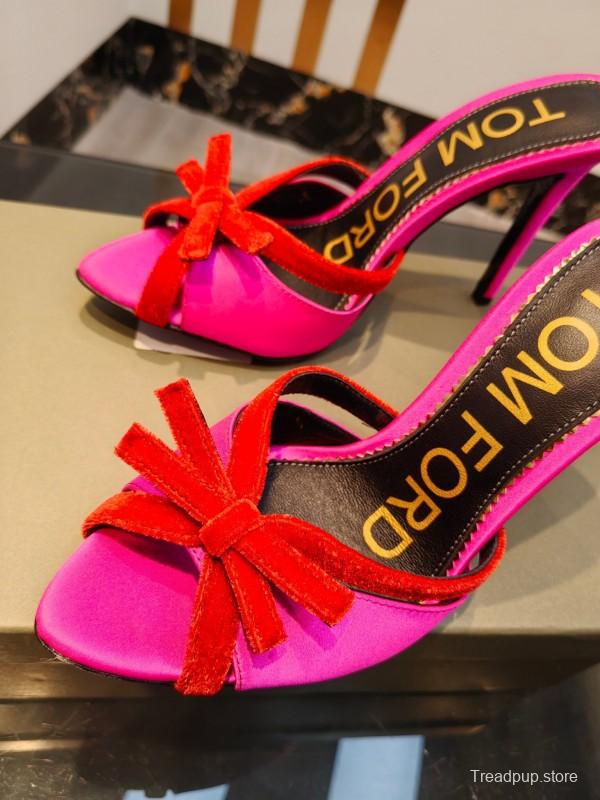 2025 Women TOM FORD Pink Red Silk Velvet High Heel Mules KFY00290